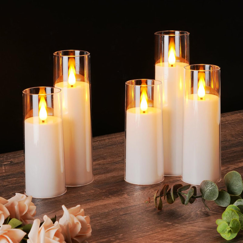 Acrylic Flameless Candles, Battery Operated Candles, Flickering Led Pillar Candles With Remote Control And Timer, 3d Wick, Warm White Light, D2.2 Xh5 5" 6" 7" 8", Set Of 5