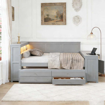 Full Size Daybed with Storage Shelves,Drawers,Trundle,Charging Station,LED Light,Desk and Cabinet