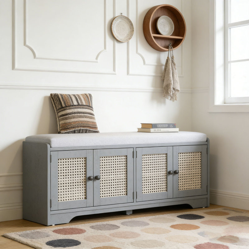Banc de rangement Banc de rangement pour chaussures en bois multifonctionnel avec coussin amovible, portes en rotin tissé et tablettes réglables