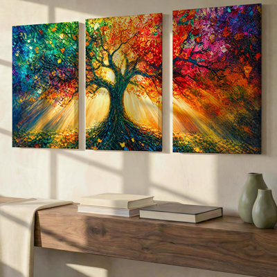 3 Pieces Exculisive Colorful Sunlit Tree Landscape Large Wall Art Vibrant Panorama, Modern Canvas Decor for Living Room, Bedroom, Office and Home