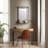 Wall Storage Unit with Metal Iron Frame, Wood Base, Glass Mirror, and Open Shelf.