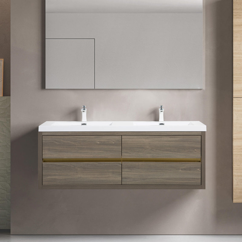 Meuble-lavabo mural 60 po, brillant, Gris