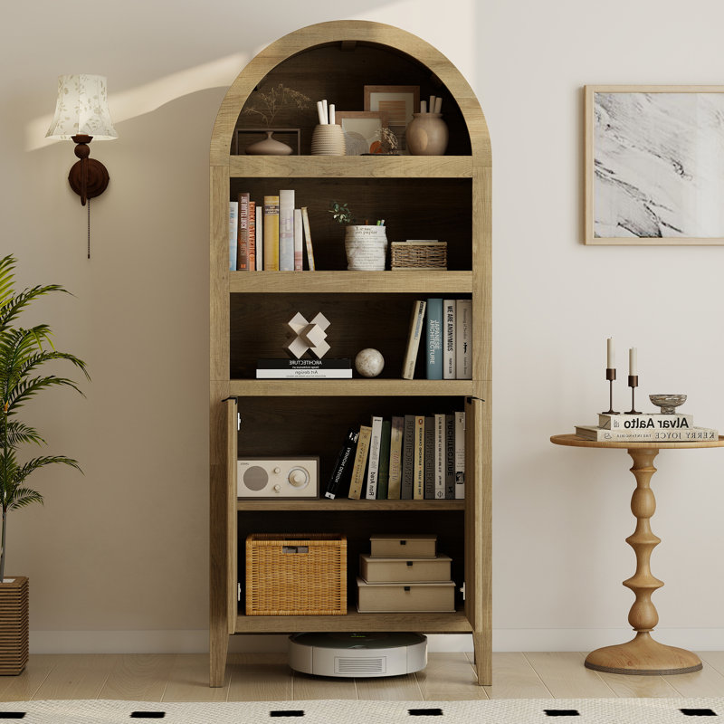 Shazier 5 Tiers 72" Arched with Fluted Doors Bookcase, Cabinet Floor Standing Bookshelf, Oak