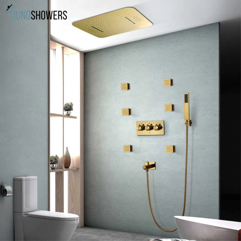 Système de douche à pluie compacte moderne avec baguette à main et finition en acier inoxydable brossé