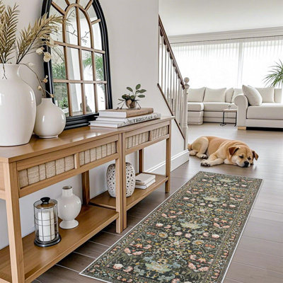 Washable Hallway Rug: Vintage Kitchen Rugs with Non-Slip Backing Low Pile Water Resistant Carpet for Living Room Bedroom Soft Floor Mat for Bathroom Laudry Dining Room