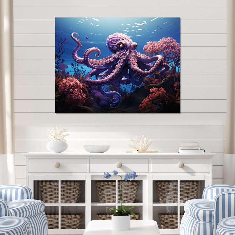 Mauve oasis de pieuvre I - art mural animaux côtiers, Toile tendue, H 16 po x l 32 po x P 1 po