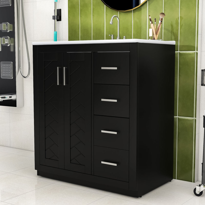 Ensemble de meuble-lavabo simple autoportant avec lavabo sous le comptoir en céramique Camuto Modern, Noir