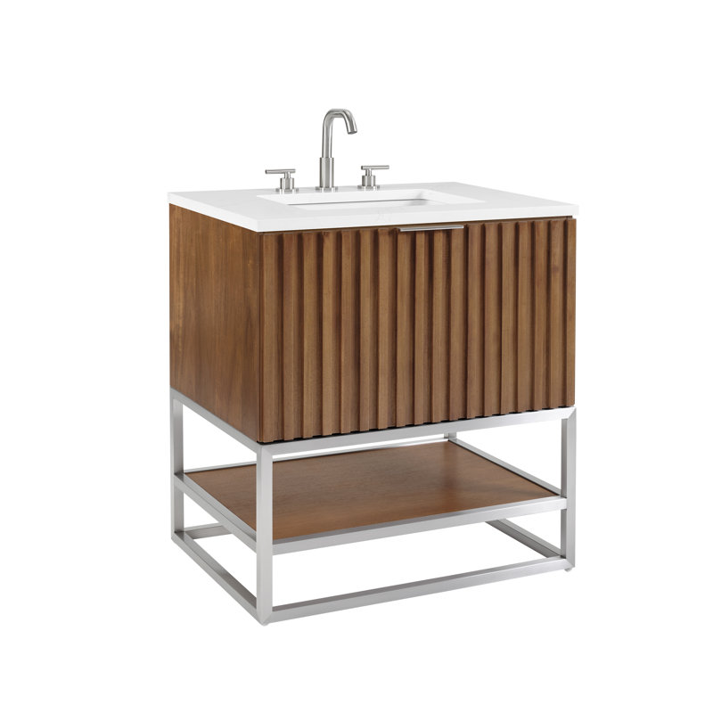 Terra 30'' Single Bathroom Vanity with Top, Walnut, Brushed Nickel, Calacatta Quartz/Widespread Faucet Mount