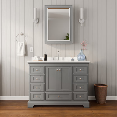 Meuble-lavabo simple 48 po Deborah en gris foncé, comptoir en marbre de culture blanc, lavabo carré encastré (3 trous), garniture en chrome poli, armoire à pharmacie