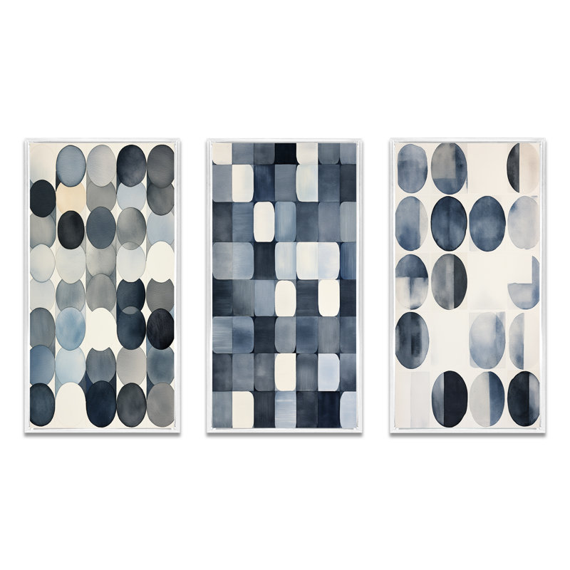 «Gentle Indigo Secrets Circular Retro Watercolor II», ensemble d'art mural abstrait géométrique de 3, Cadre flottant blanc