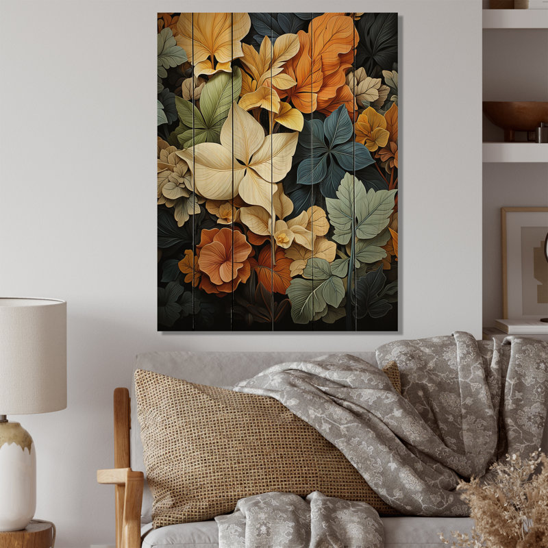 Feuilles d'automne, palette en sourdine V - impression florale et botanique sur bois de pin naturel