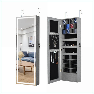 Armoire à bijoux avec lumières DEL, miroir en verre véritable, fixation murale / porte | Blanc | Panneau de fibres à densité moyenne