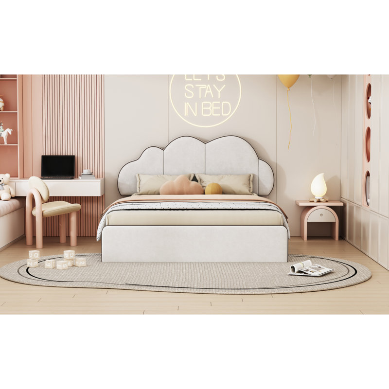 Grand lit plateforme tapissier avec tête de lit nuage beige, Beige