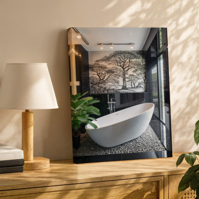Toile, une scène de salle de bain sereine avec une grande baignoire blanche autoportante posée sur des galets lisses entourée de toile