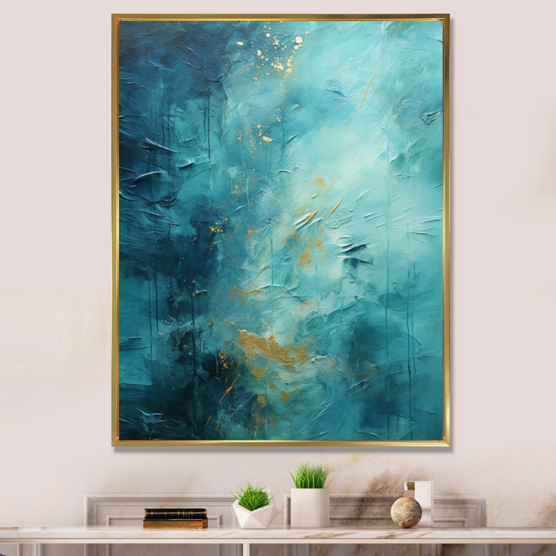 Fibbie turquoise Tranquility I - paysages abstraits, art mural, Cadre flottant doré, H 20 po x l 12 po x P 1 po