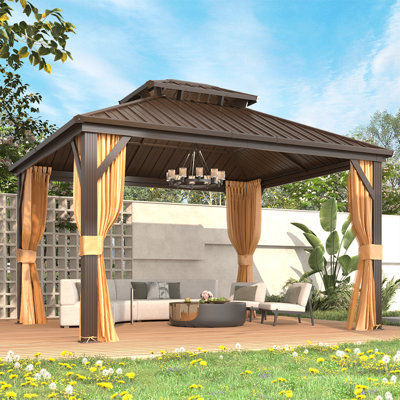 Hardtop Gazebo, Aluminum Frame Gazebos With Galvanized Steel Double Roof, Permanent Outdoor Metal Pavilion With Curtain And Netting For Patio, Lawn, Deck