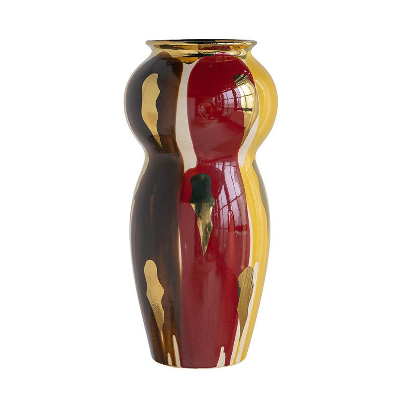 Curved Ceramic Vase with Abstract Multicoloured Finish, 20.9" H X 10" W X 10" D, Yellow/Grey