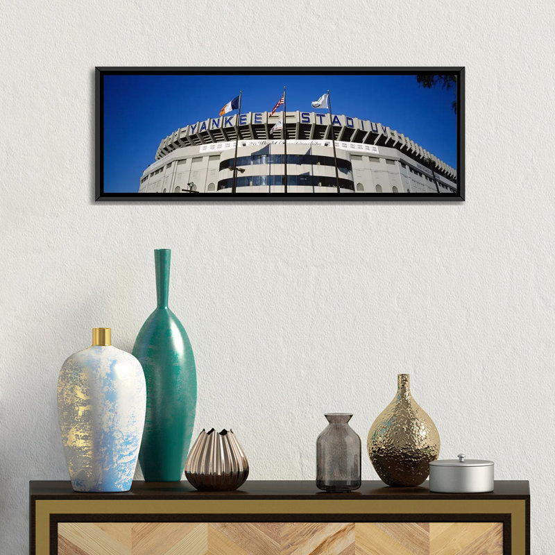 " Flags In Front Of A Stadium, Yankee Stadium, New York City, New York, USA #2 " by Panoramic Images, Black Framed Canvas