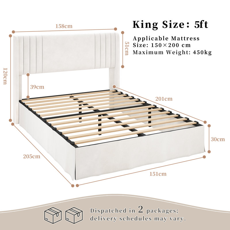 Upholstered Flip Top Storage Bed Frame, King(5'), Cream, Velvet
