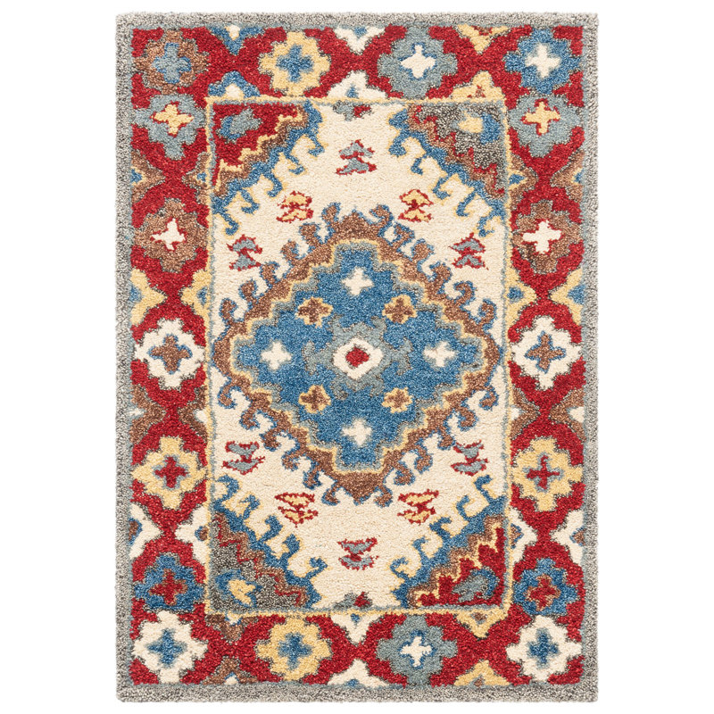 Armintha Southwestern Hand-Tufted Wool/Cotton Red/Ivory/Blue Area Rug, Rectangle 2' x 3'