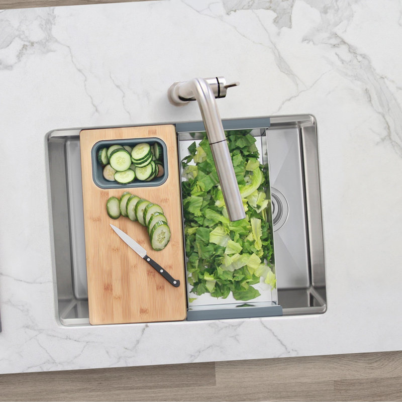 Workstation Sink Bamboo Cutting Board Set with 1 Collapsible Container, 8.5" W x 16.75" L