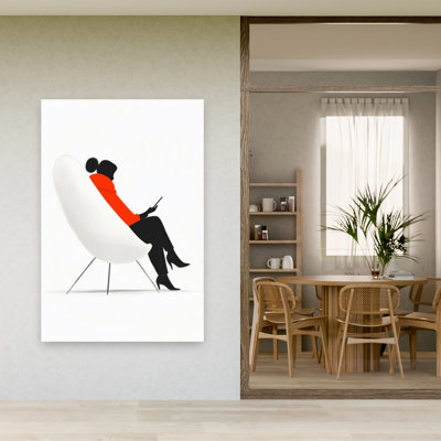 Élégante femme, chaise moderne, architecture minimaliste moderne, art mural