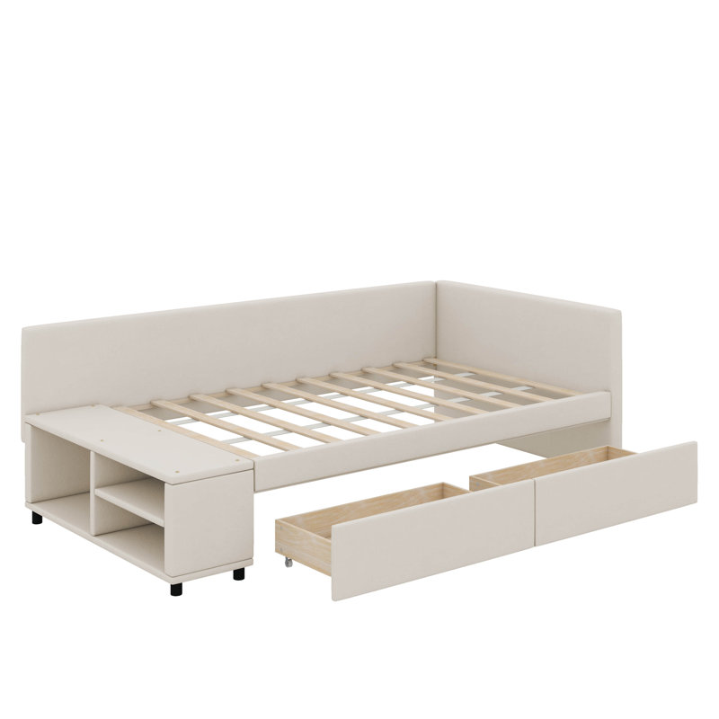 Lit plateforme simple tapissier en forme de L avec tiroirs, Beige
