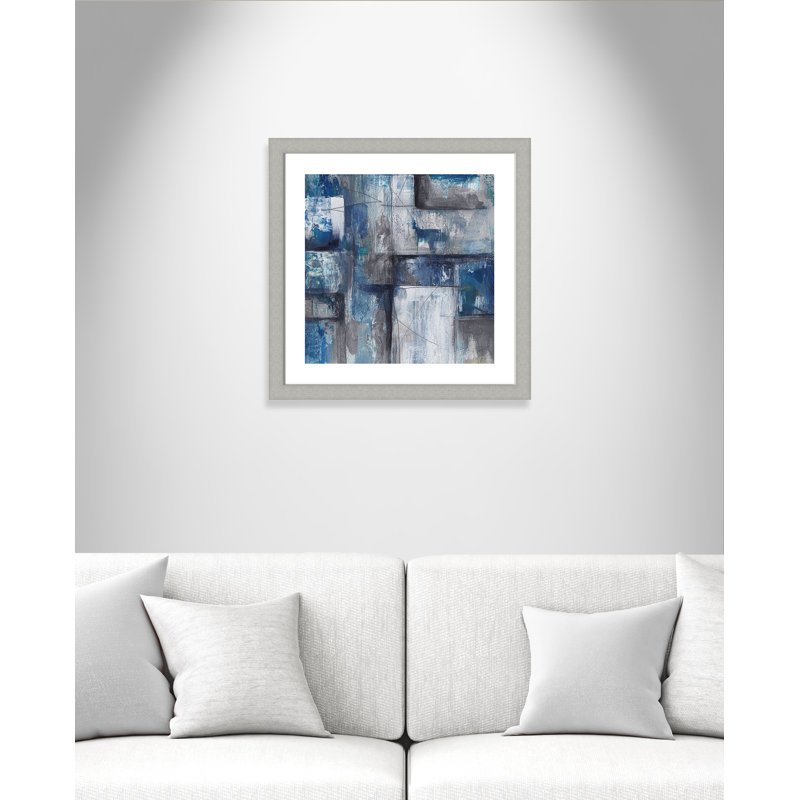 Patchwork abstrait II - peinture encadrée, Papier encadré argent brossé, H 25 po x l 25 po x P 1,25 po