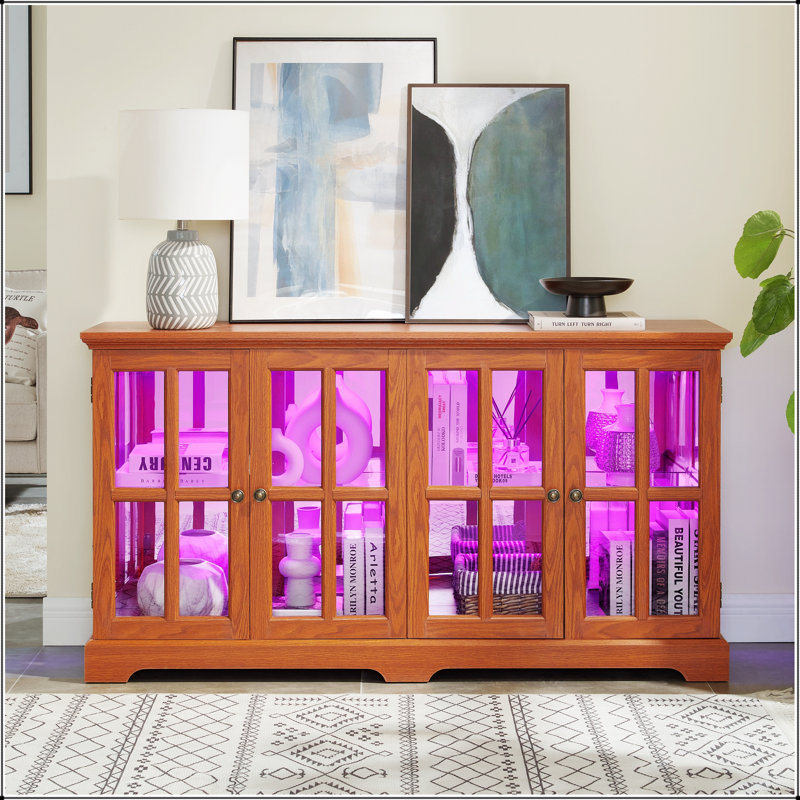 Vitrine à DEL avec portes vitrées, tablettes réglables pour objets de collection, conception à quatre portes, vitrine rétro pour la maison ou le bureau