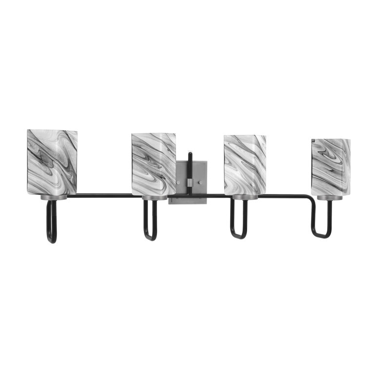 Barre d'éclairage de salle de bain 4 lumières Amarmula, noir mat et finition graphite, verre carré onyx tourbillon 3,5 po