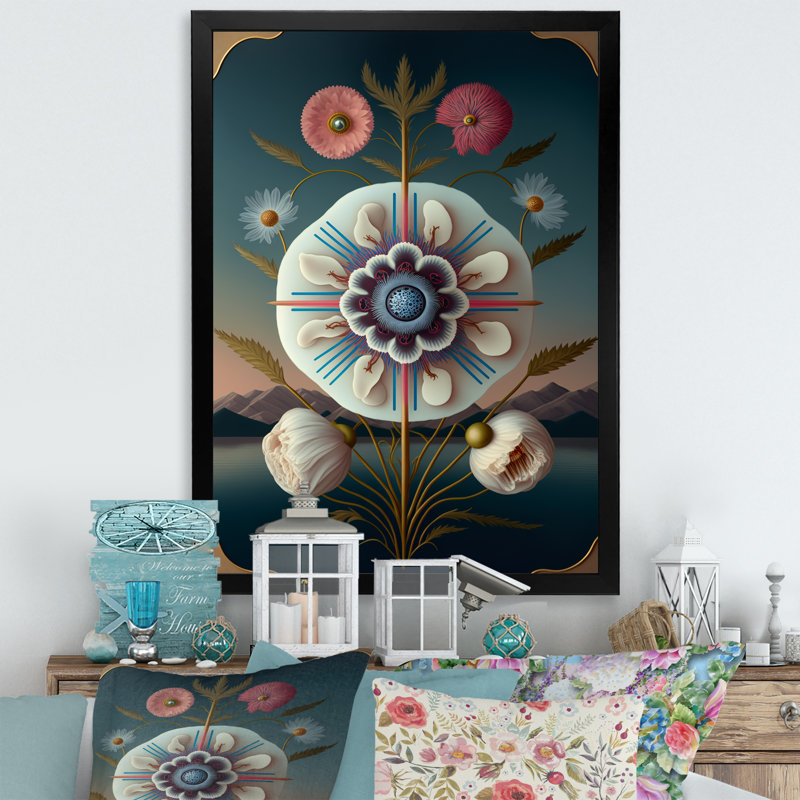 «Blossoming Geometric Flower Art III», décoration murale florale, H 12 po x l 20 po x P 1 po, Cadre d'angle fermé noir