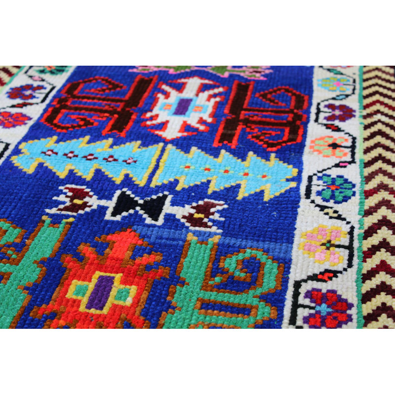 Tapis de couloir bleu unique en laine noué à la main de style années 2000 2 pi 6 po x 12 pi 8 po Herki