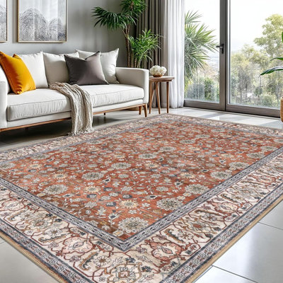 Tapis vintage rétro pour salon, tapis lavable en terre cuite pour chambre à coucher antidérapante, tapis à poils longs à motif floral délavé à imprimé floral doux