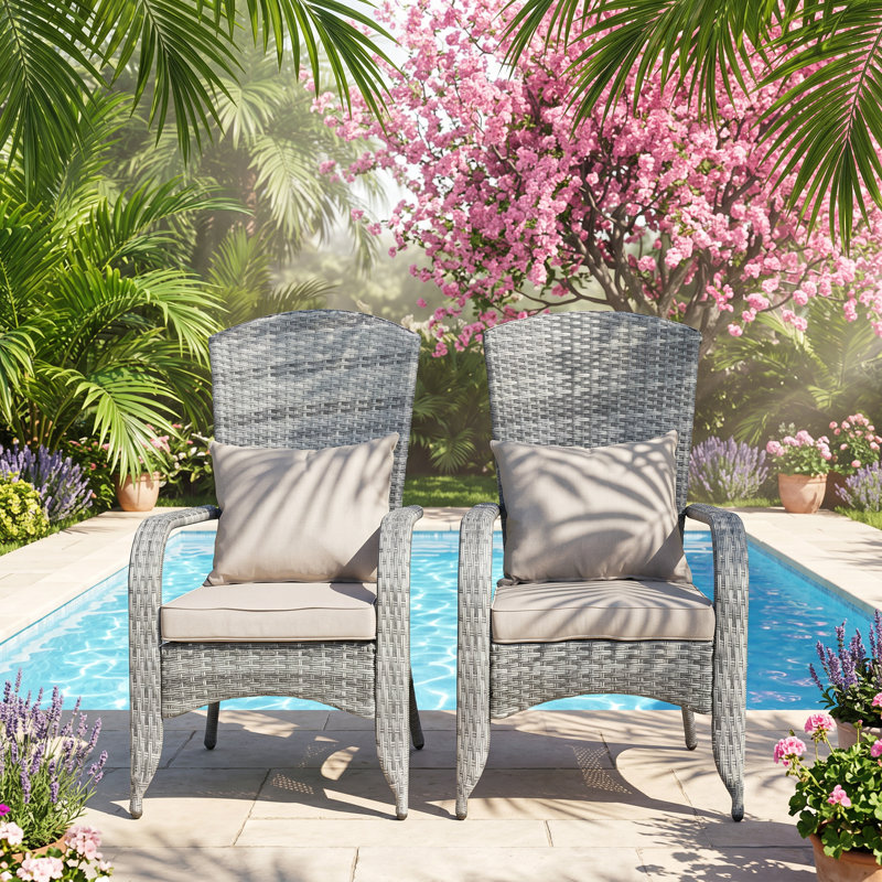 Highland Dunes 25.25" W x 34" D x 34.5" H PE Rattan All-Weather Wicker Patio Chair with Grey Cushions (Set of 2)