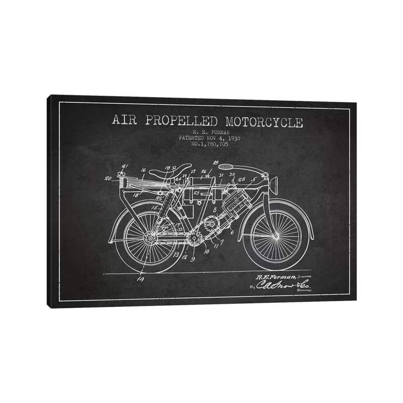 R.E. Forman Air-Propelled Motorcycle Patent Sketch (Charcoal) by Aged Pixel - Wrapped Canvas Print, 30.48 cm H x 45.72 cm W