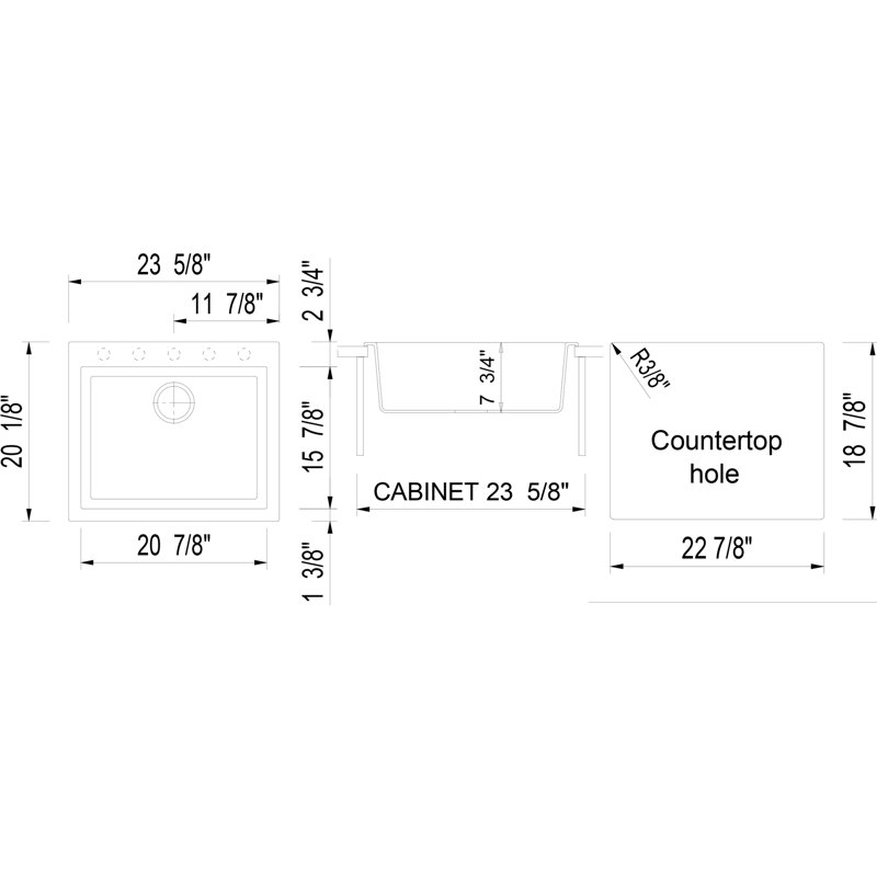 Évier de cuisine à simple cuve à montage sur plan 23,63 po x l 20,88 po, Blanc