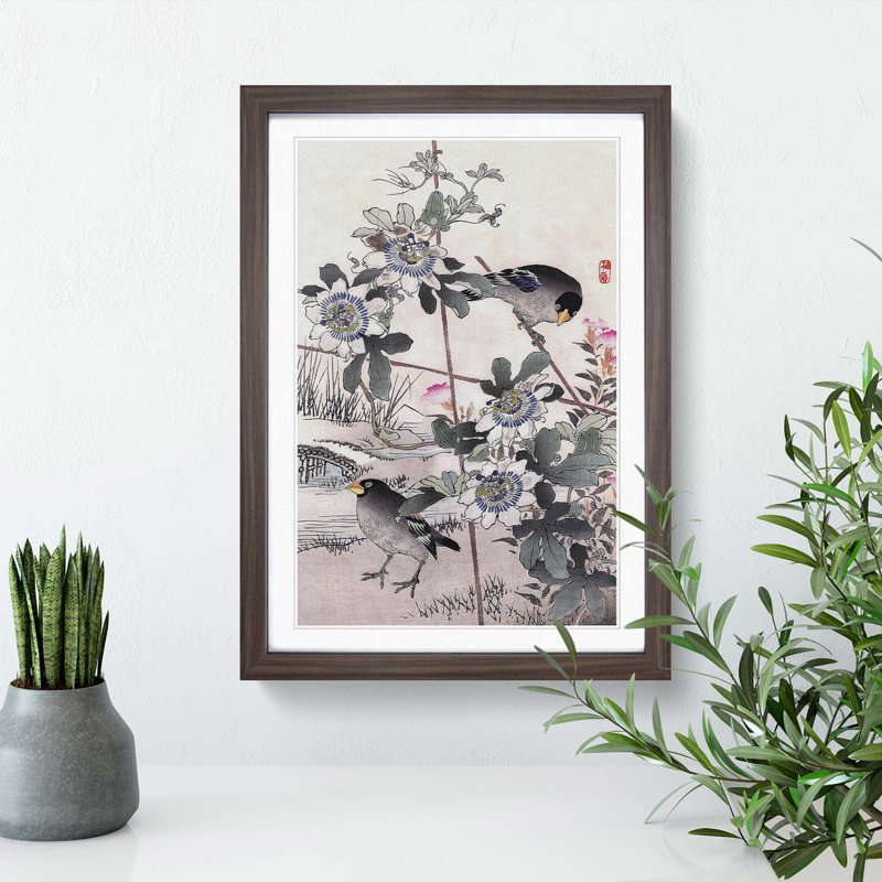 Birds in the Garden by Kono Bairei - Picture Frame Painting Print, 36cm H x 27cm W x 2cm D, Walnut Framed