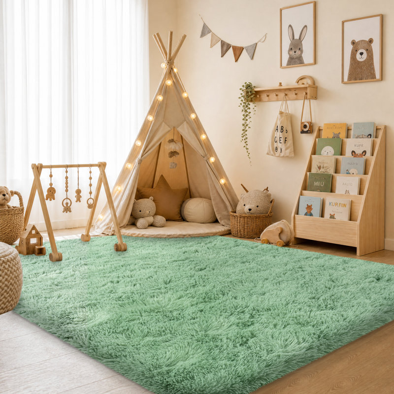 Solid Rug Soft Fluffy Mint Green Indoor Area Rug for Living Room Bedroom Nursery Kids Room, Rectangle 5' x 7', Mint Green