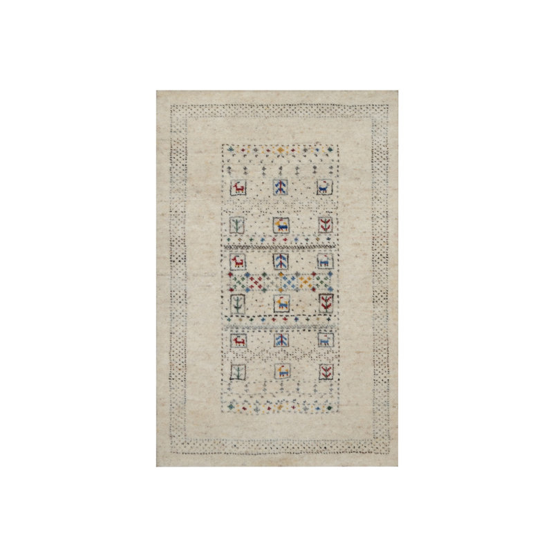 Tapis en lin 2 pi x 3 pi 1 po blanc, moderne, noué à la main, avec des figurines de petits animaux Lori Buft Gabbeh