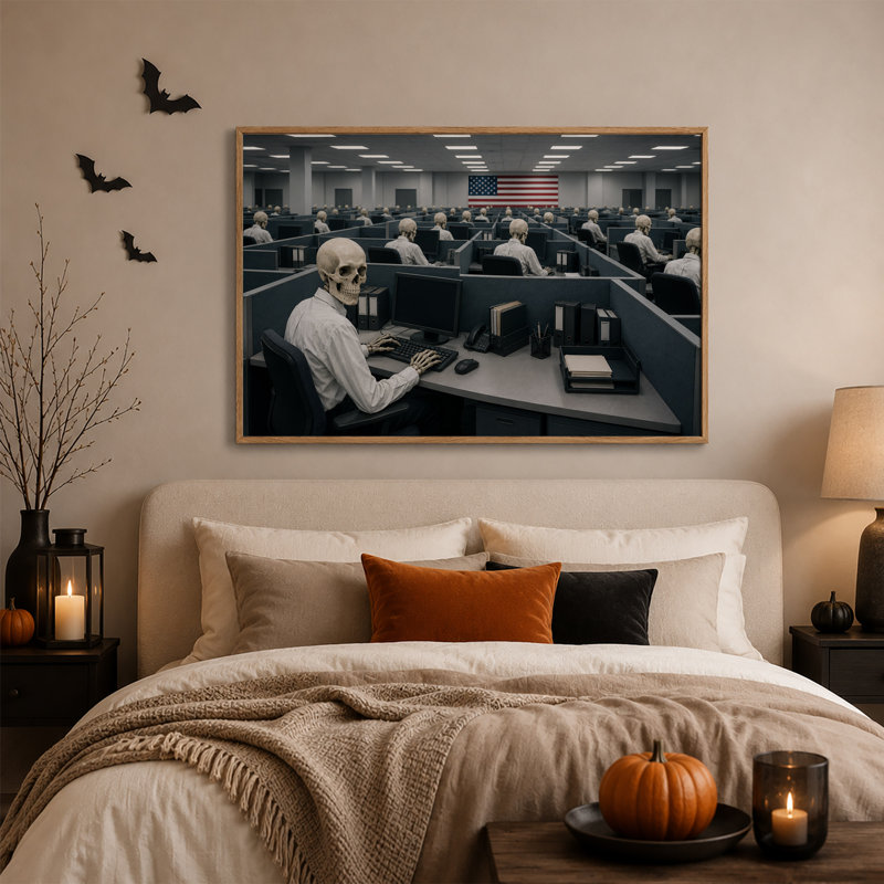 Des squelettes tapant à l'ordinateur dans un bureau gris avec une toile murale d'Halloween américaine, H 18 po x l 24 po