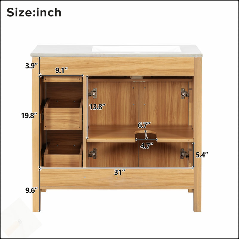 Meuble-lavabo de 36 po en bois avec cadre solide, portes à fermeture douce, tiroirs, tablette réglable, parfait pour les petites salles de bain