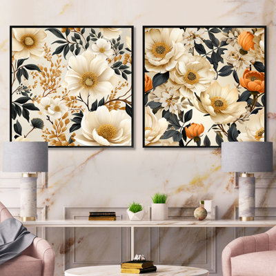 Vintage Ivory Flower Symphony II - Floral Square Collage Set Of 2