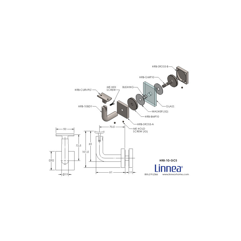 Glass Mount Handrail Bracket with Square Rose and Curved Plate, Satin Stainless Steel