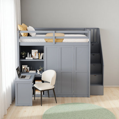 Lit mezzanine double avec garde-robe, bureau et tablettes