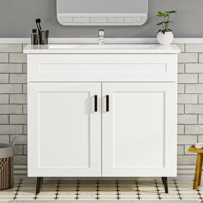 Meuble-lavabo 36 po avec lavabo, meuble-lavabo autoportant en bois avec 2 portes et pieds en métal, meuble-lavabo avec lavabo en céramique (peinture, 36)