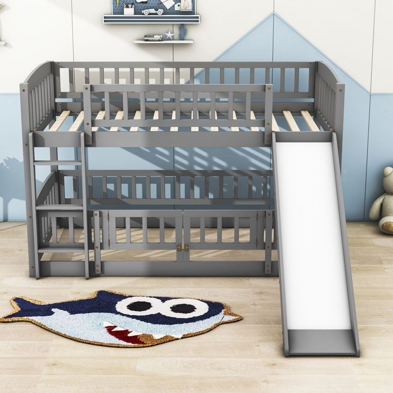 Harveen Wooden Bunk Bed with Slide and Fence by Harriet Bee, Gray, Twin over Twin
