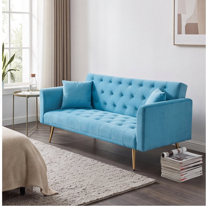 Canapé-lit 71 po convertible en velours bleu clair - Style rétro, idéal pour les petits salons, les chambres et les bureaux