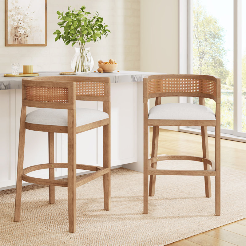 Oech Rubberwood Upholstered Bar Stools, Bar Stools (29.50'' Seat Height), Natural Oak