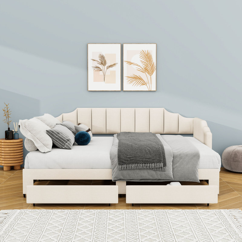 2 Drawers Upholstered Twin XL Daybed with Twin Trundle and LED Lighting, Beige