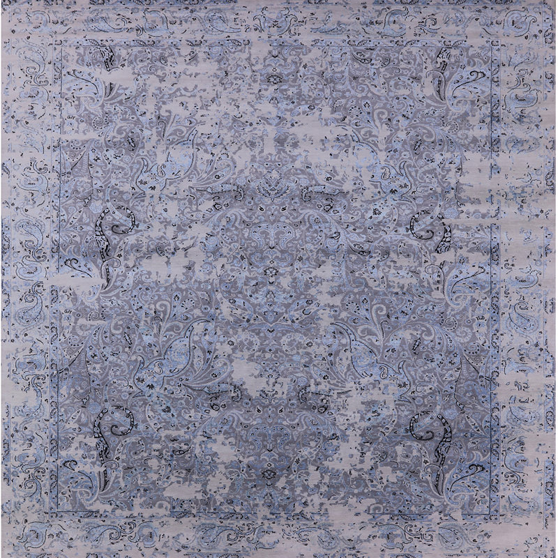 Tapis bleu à motif cachemire, Carré 6 pi
